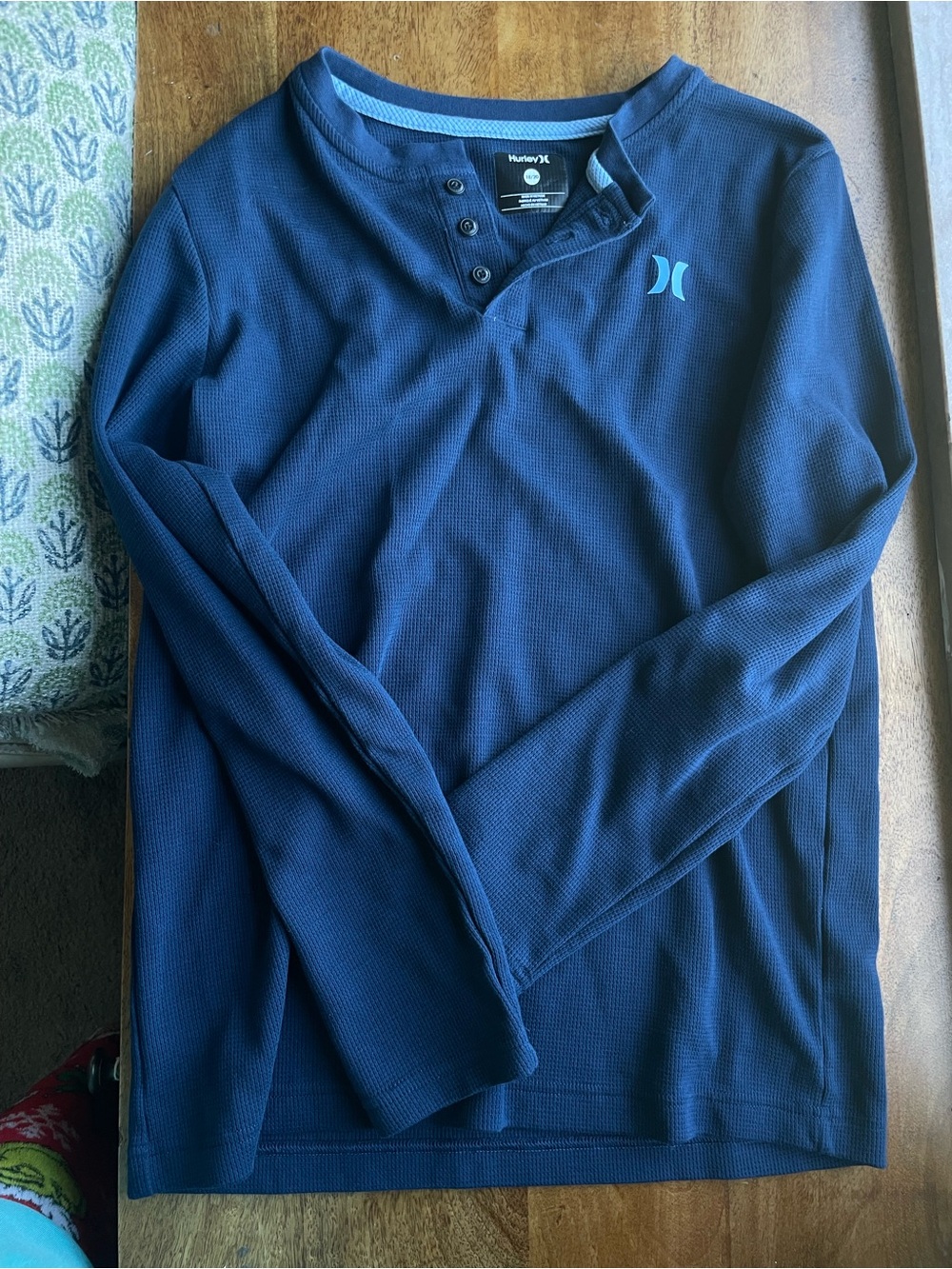Hurley Blue Waffle Knit Henley Top Mens Small or Boys XL